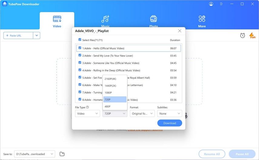 select the file(s) to download from the playlist